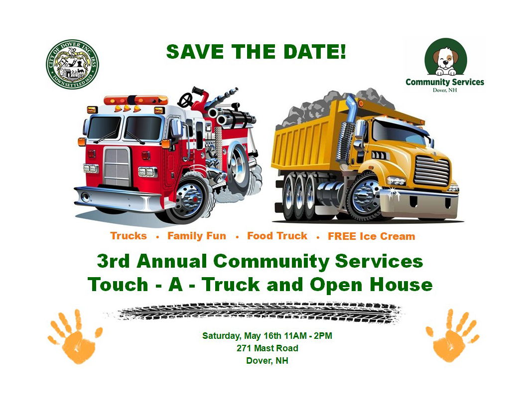 An illustration of a dump truck and fire truck with hand prints to promote Touch a Truck event