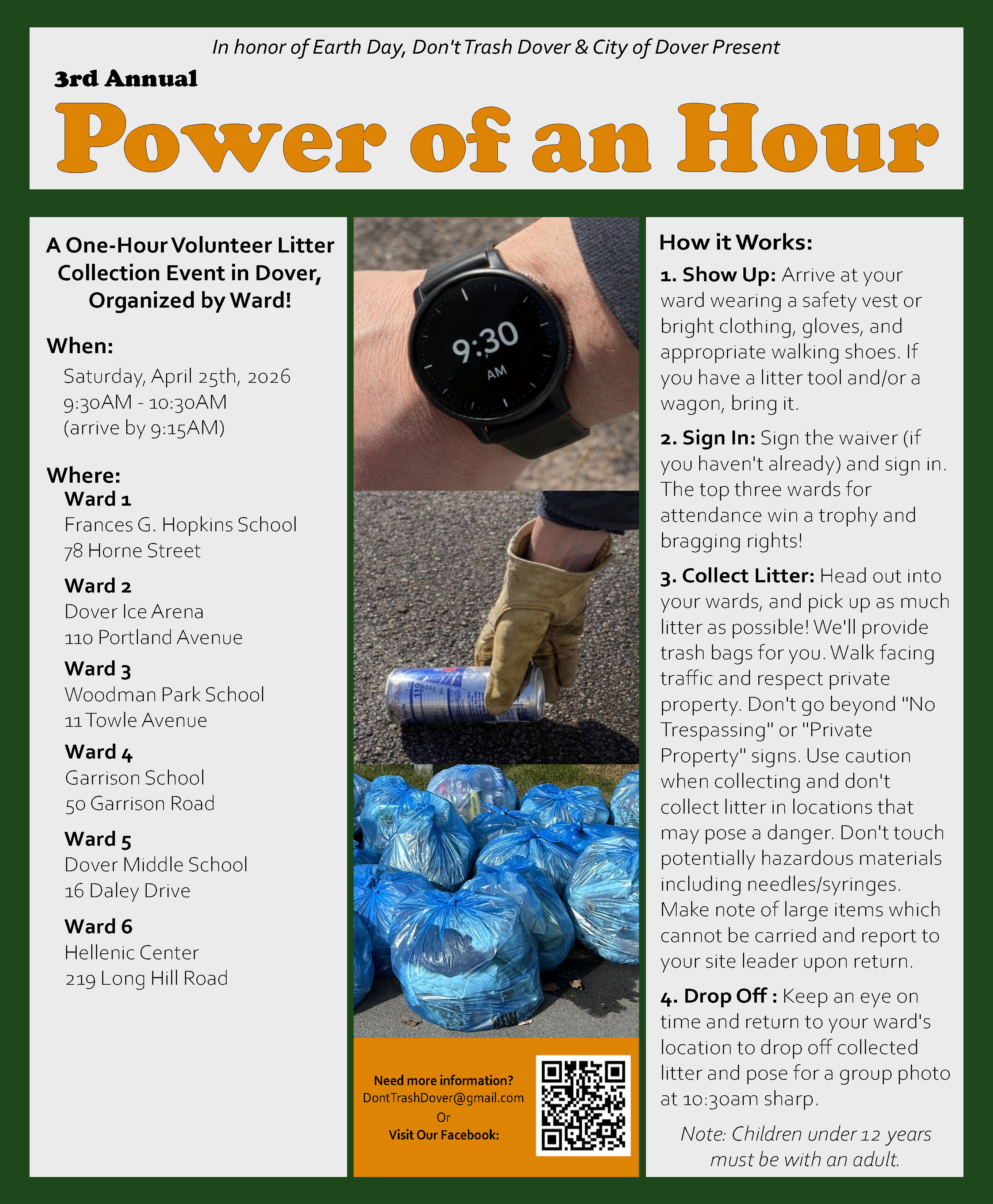 Promo for Power of an Hour litter clean up with a list of dates and locations