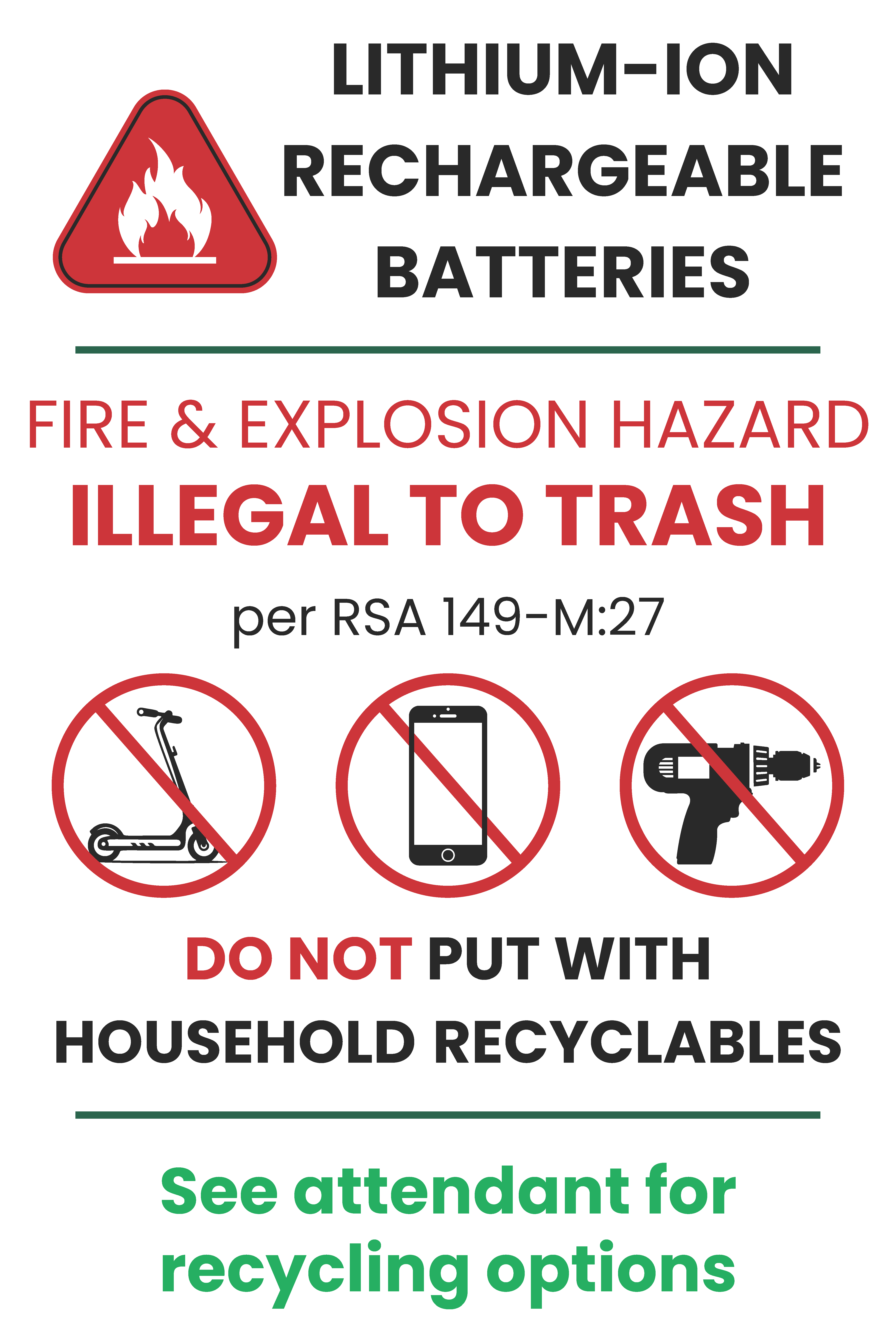 Image of a sign stating that is illegal to trash lithium-ion batteries