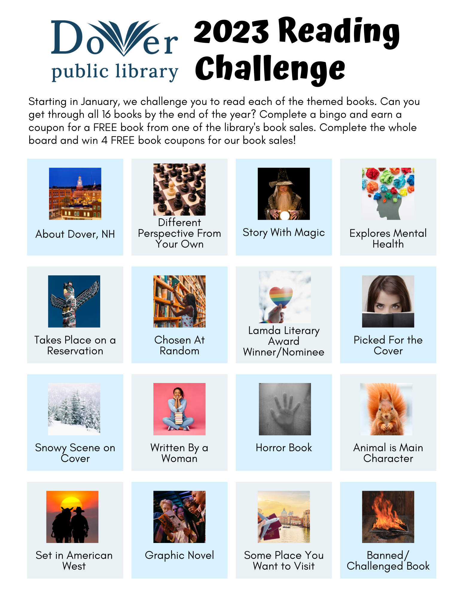 Dover Public Library Logo 2023 Reading Challenge Bingo Board