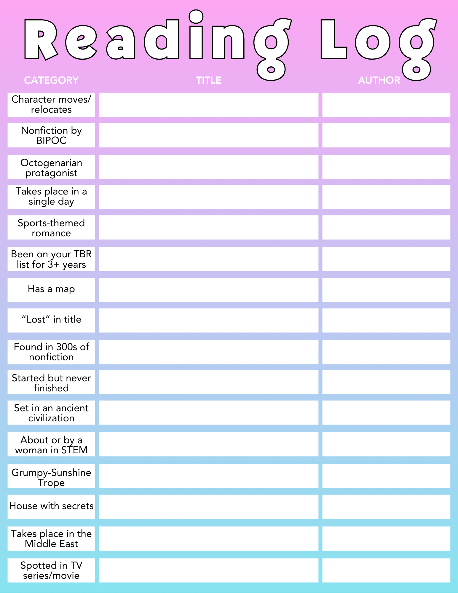 reading log list for 2026 annual reading challenge