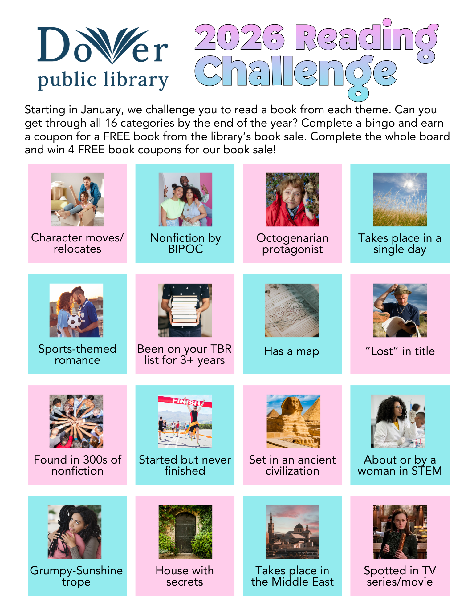 2026 annual reading challenge with each challenge in a colored box