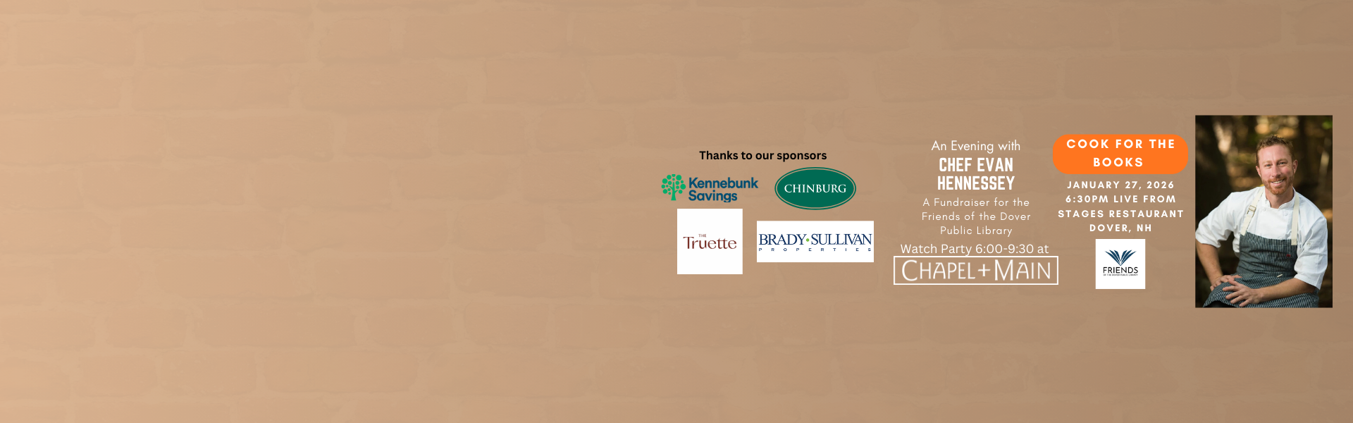 cook for the books friends of the Dover Public Library fundraiser with Chef Evan Hennessey Tuesday January 27th 6pm