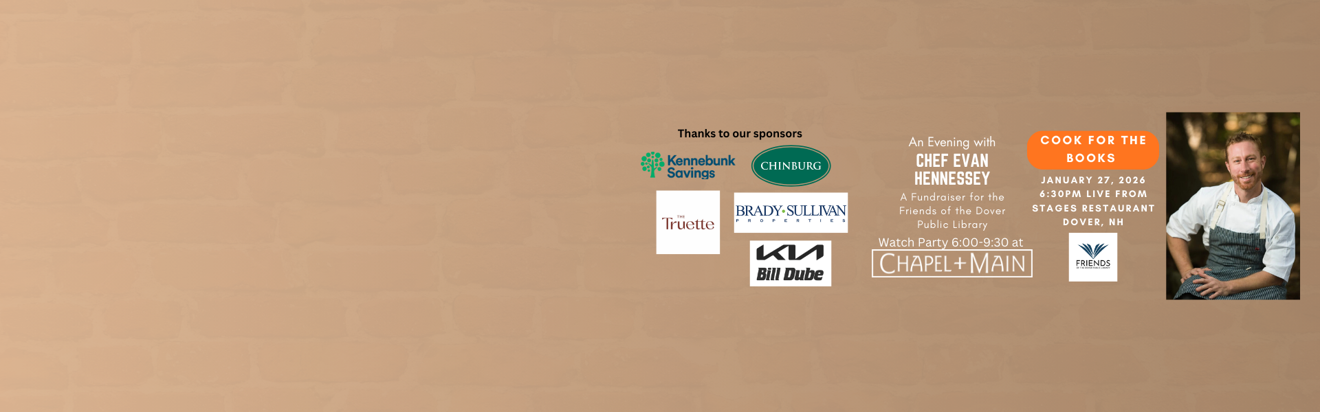 cook for the books friends of the Dover Public Library fundraiser with Chef Evan Hennessey Tuesday January 27th 6pm