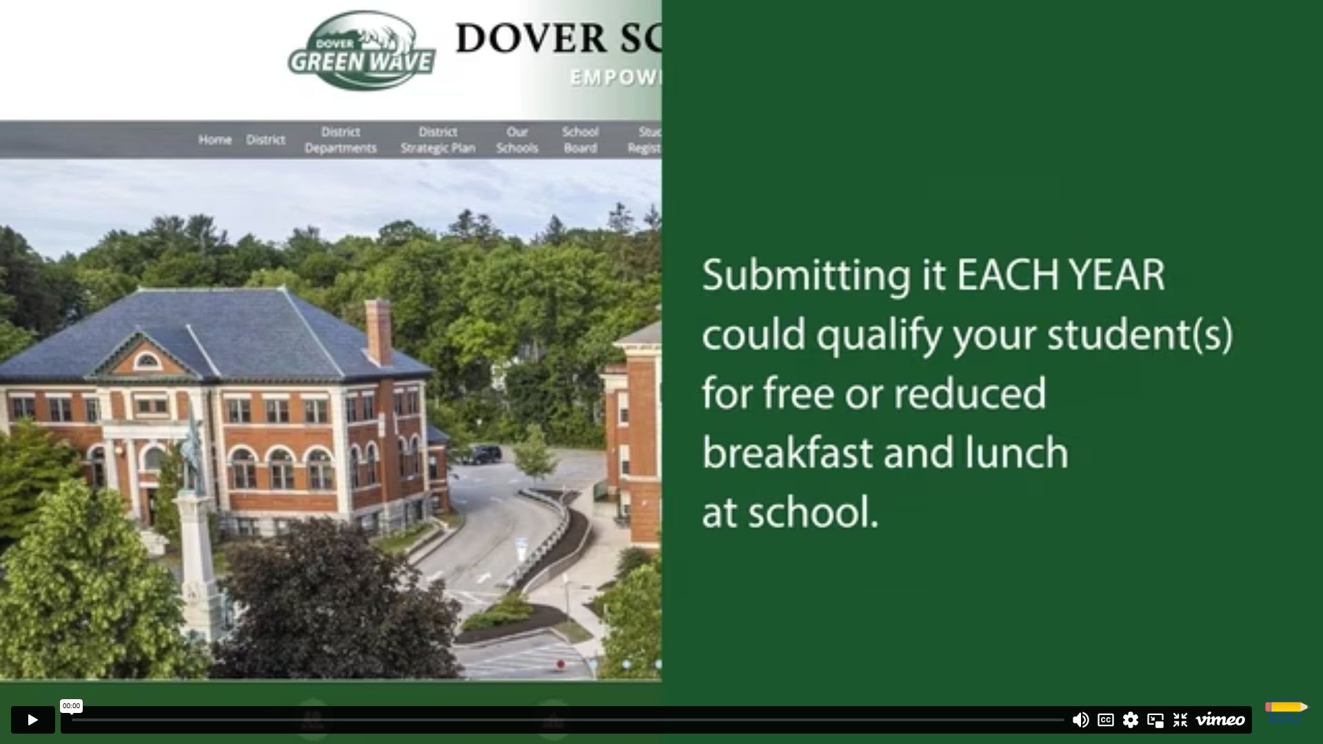 Screenshot of video explaining how to apply for Dover public schools free or reduced priced meals
