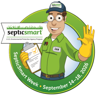 Cartoon man labeled Sam in green shirt and gloves holds a clipboard. Text: SepticSmart Week  September 14 18, 2026. EPA program logo appears at top.
