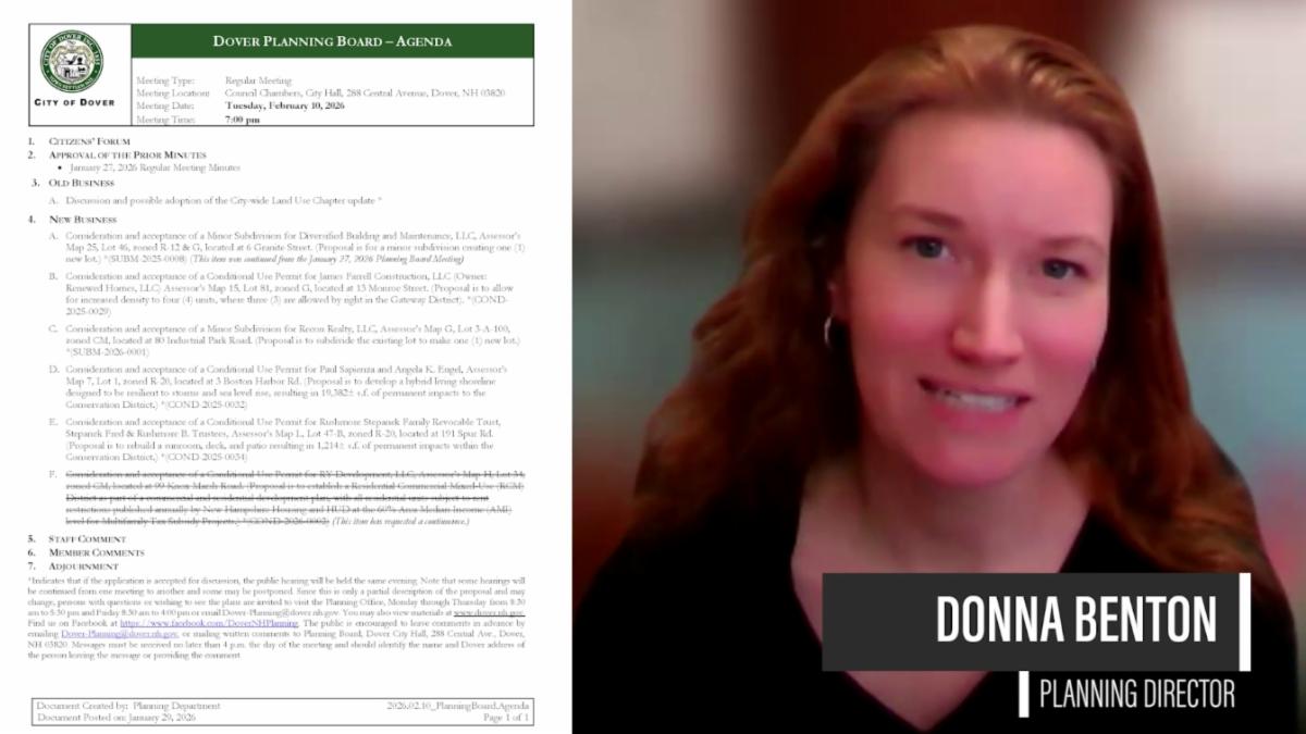 Video screenshot of Planning Board preview with agenda on left and planning director on right