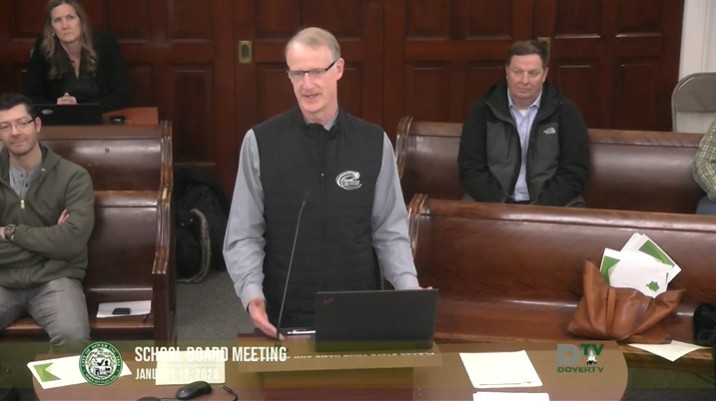 Video thumbnail of School Board 1/12/2026 meeting, with man at podium presenting to School Board