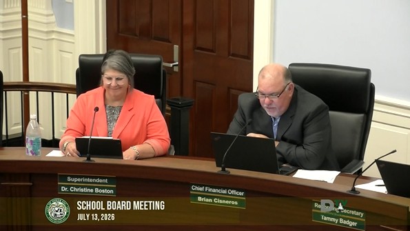 Video thumbnail of School Board on July 13, showing Christine Boston and Brian Cisneros